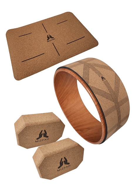 The ultimate yoga prop bundle. Get more for less with this pack that includes: One (1) yoga wheel  with MIZPAH yoga wheel guide, One (1) stable, sturdy and dense natural cork  yoga block, One (1) yoga stretching strap