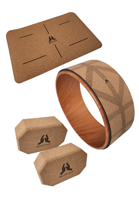 The ultimate yoga prop bundle. Get more for less with this pack that includes: One (1) yoga wheel  with MIZPAH yoga wheel guide, One (1) stable, sturdy and dense natural cork  yoga block, One (1) yoga stretching strap 