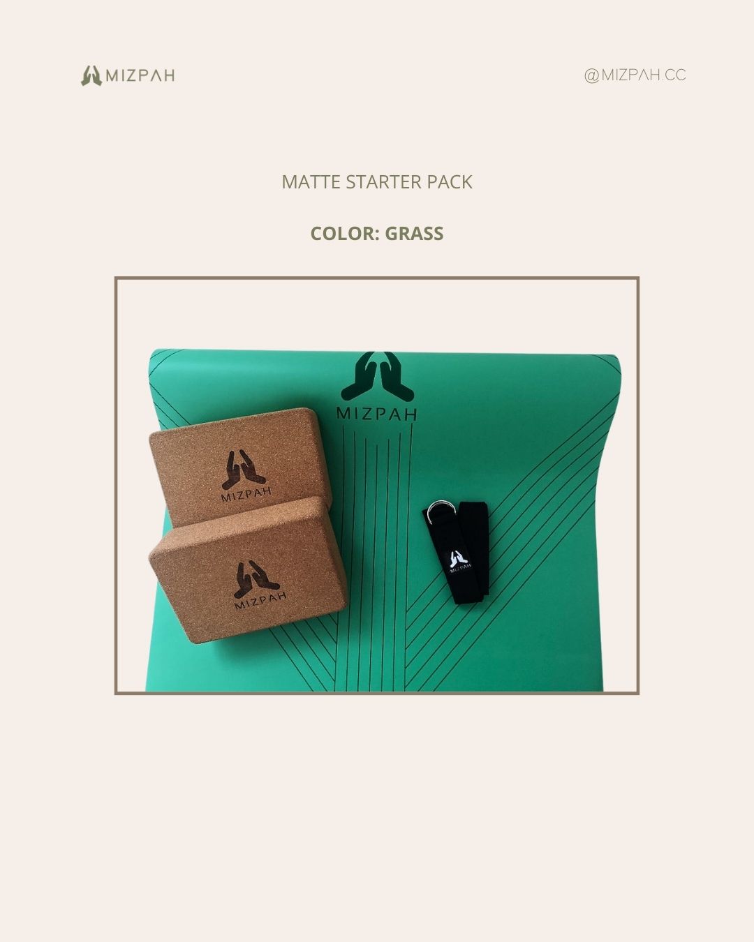 Mizpah's Yoga Starter Pack: A Matte Flow mat with carrying strap, . A pair of cork blocks and a A yoga stretching strap.