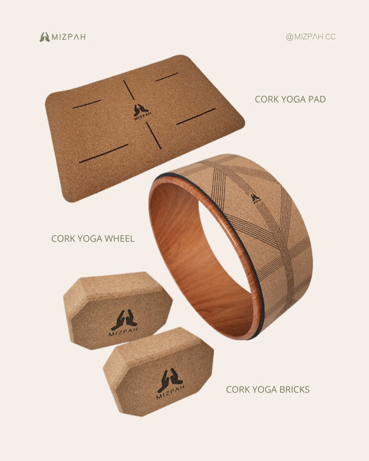 The ultimate yoga prop bundle. Get more for less with this pack that includes: One (1) yoga wheel  with MIZPAH yoga wheel guide, One (1) stable, sturdy and dense natural cork  yoga block, One (1) yoga stretching strap