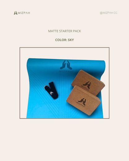 Mizpah's Yoga Starter Pack: A Matte Flow mat with carrying strap, . A pair of cork blocks and a A yoga stretching strap.