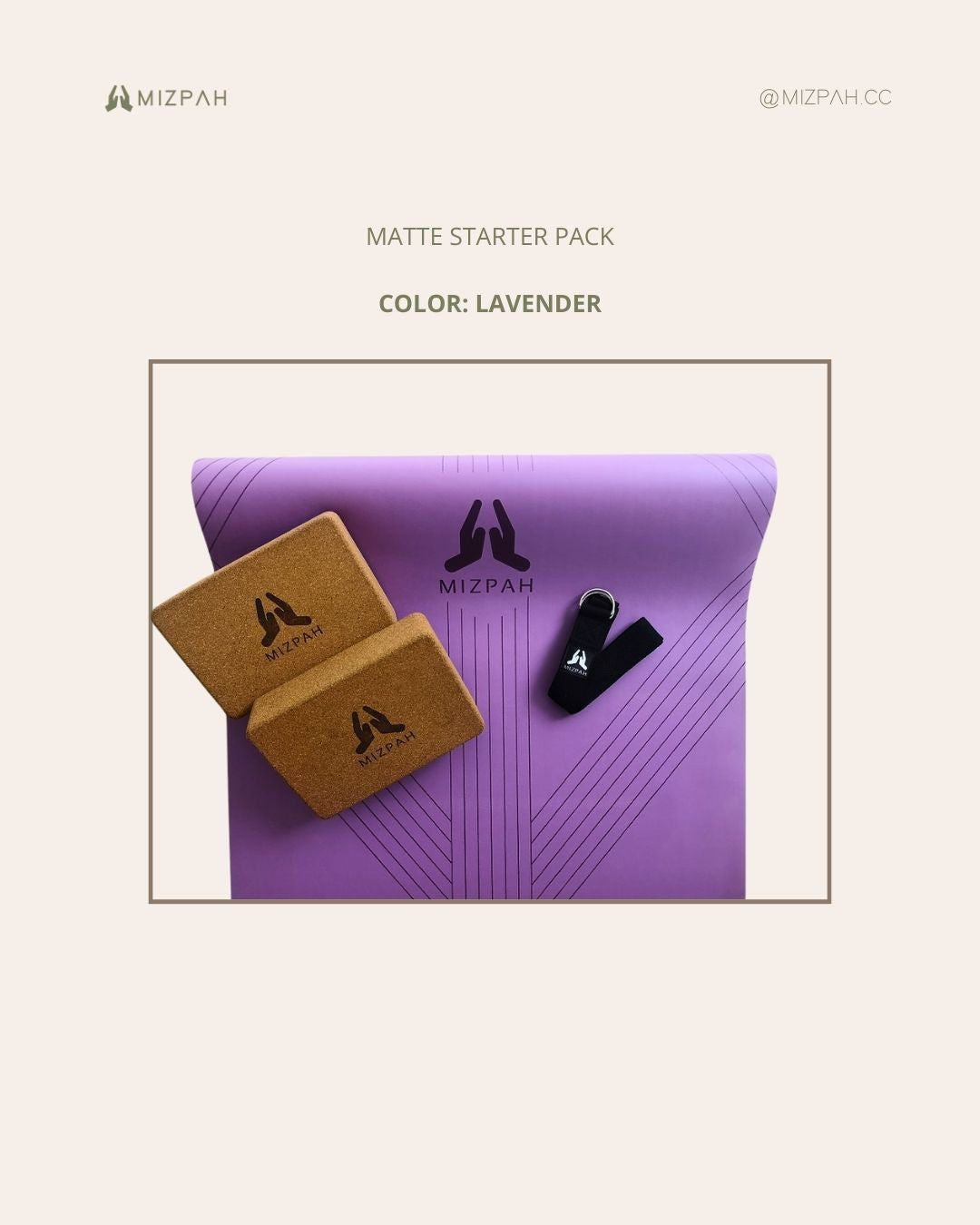 Mizpah's Yoga Starter Pack: A Matte Flow mat with carrying strap, . A pair of cork blocks and a A yoga stretching strap.